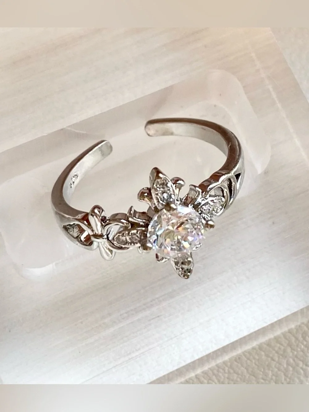 Silver Floral Halo Ring with Clear Crystal Center